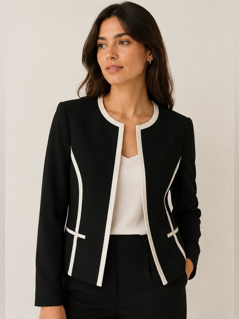 Evan Picone Black Collarless Jacket with White Trim